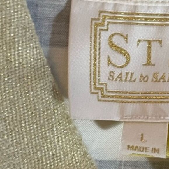 Sail to Sable Black White Wide Striped Soli Neck Gold Sleeveless Shift Dress L - Picture 8 of 8